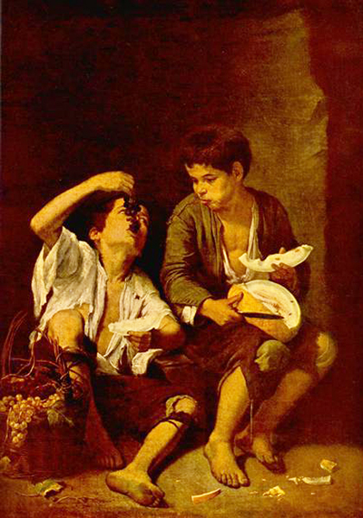 Two Children Eating a Melon and Grapes Bartolome Esteban Murillo